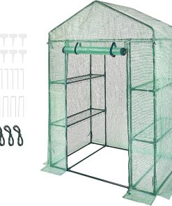 Happybuy 4.6×2.4×6.7 ft Walk-in Greenhouse with Shelves and Doors Happybuy 4.6×2.4×6.7 ft Walk-in Greenhouse with Shelves and Doors