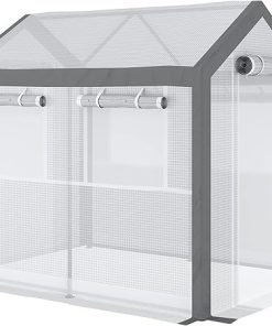 8′ x 6′ x 7.5′ Walk in Greenhouse, Outdoor Gardening Canopy with 6 Roll up Windows, 2 Zippered Doors Weather Cover, White