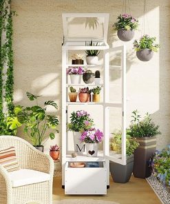 62 Inch Wood Garden Greenhouse with Adjustable Shelves and Boxes